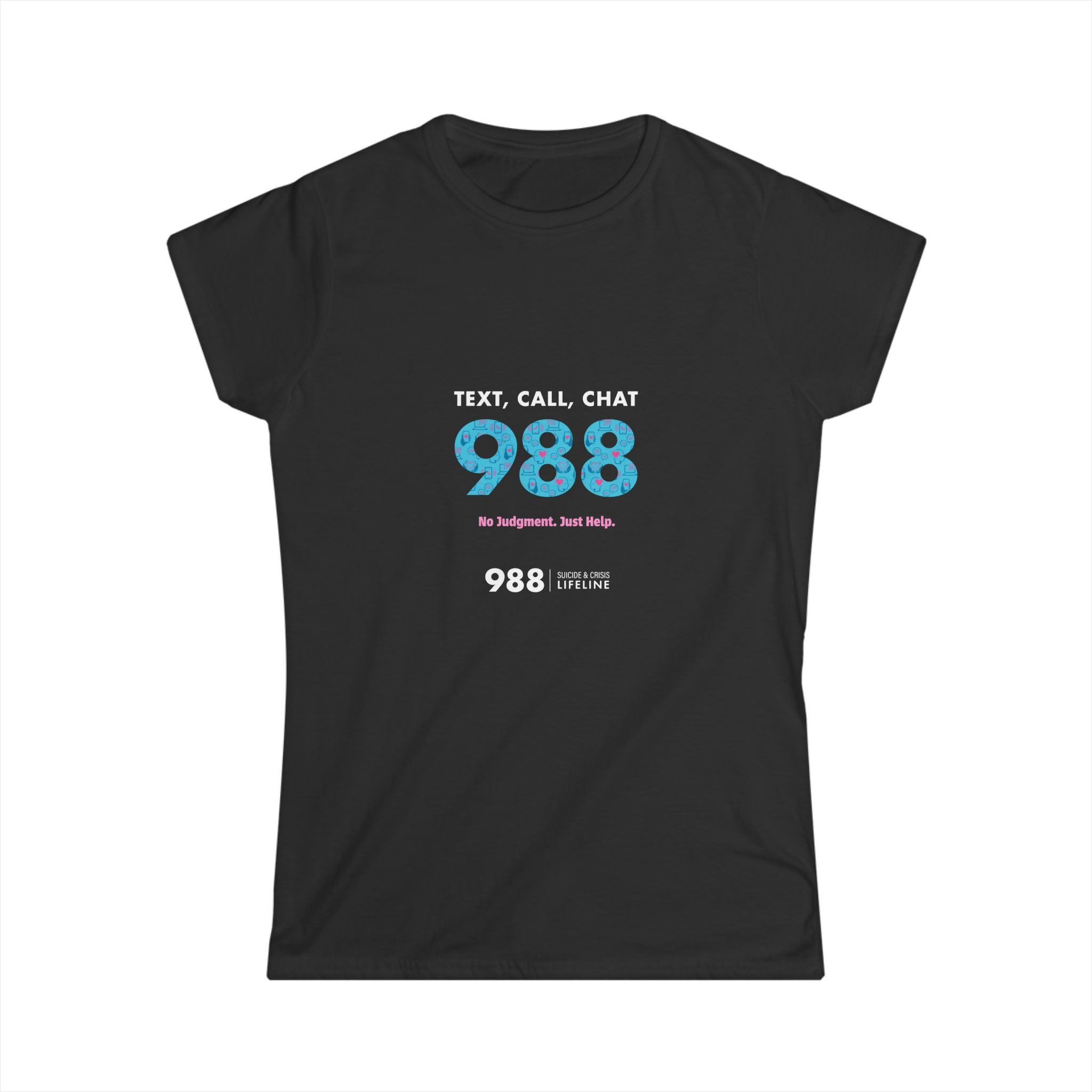 Women's Tee, 988 Hotline Support Shirt w Multi-Color Pictographs in 988