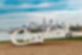 Cleveland Script sign at Edgewater park with city skyline in the background. Travel concep