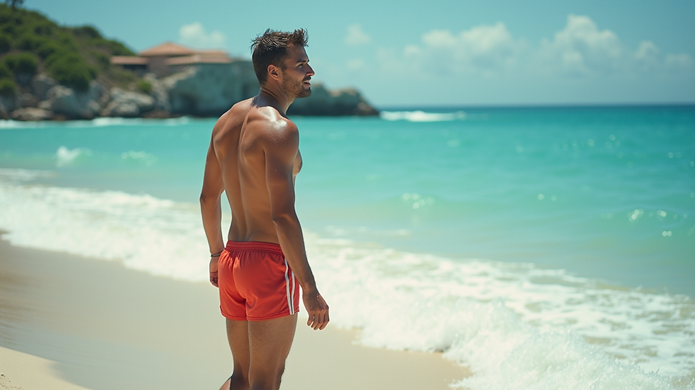 Vista lateral de bermuda masculina estampada para praia