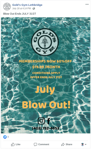 facebook post from gold's gym that looks like a display ad