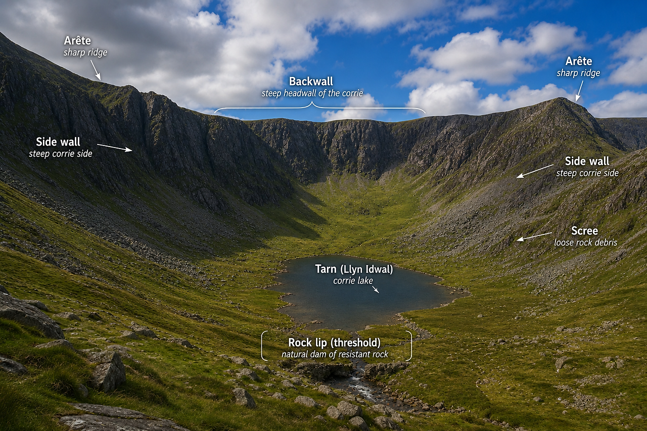 The classic features of a glacial corrie clearly visible around Llyn Idwal.