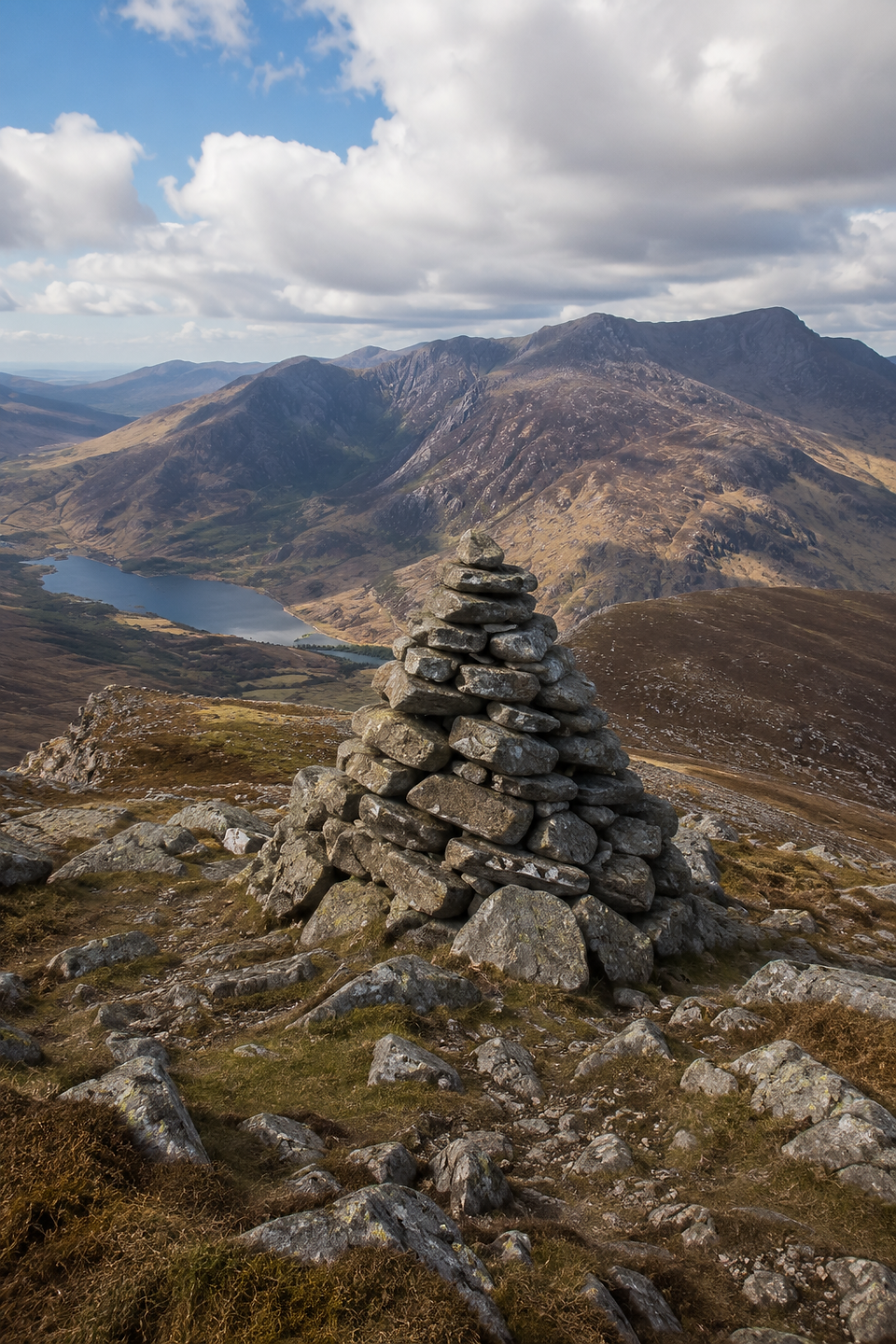 A cairn marks the route across Eryri's dramatic mountain landscape.