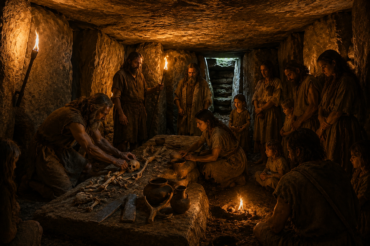 Communal burial ceremony inside the Neolithic tomb.