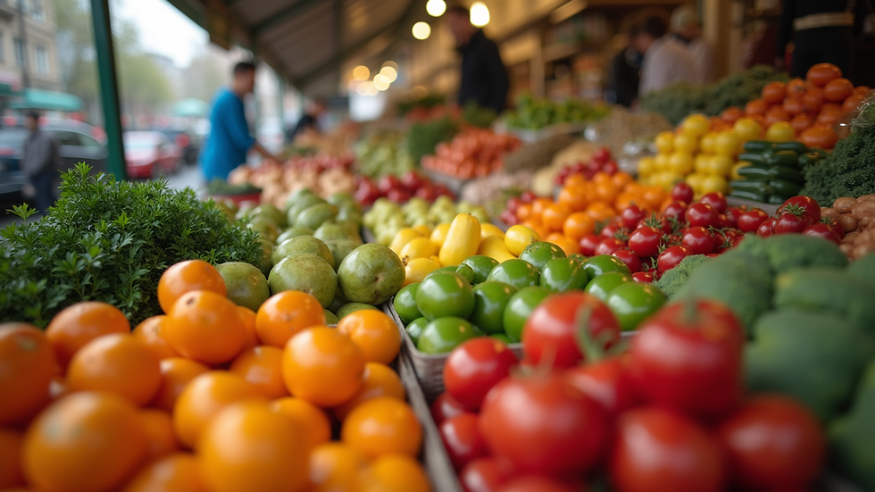 Eye-level view of a vibrant market stall filled with fresh produce