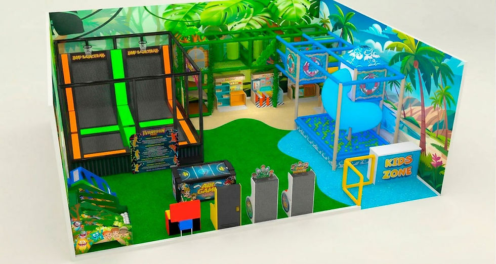 Projeto de espaço infantil colorido com brinquedos, escorregador, piscina de bolinhas e área temática tropical.