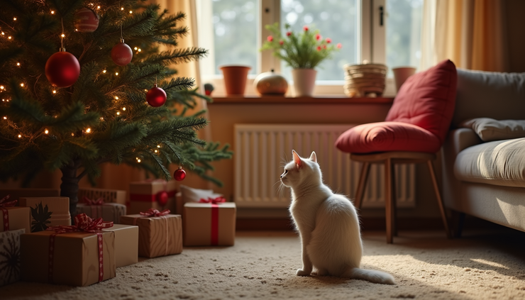 Eye-level view of a decorated living room with a Christmas tree and a curious cat nearby