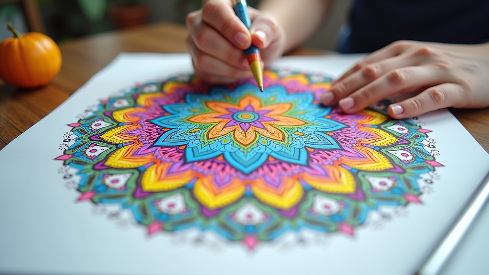 Close-up view of a colourful mandala drawing in progress on white paper