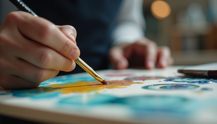 Close-up view of an artist blending colors on an oil painting palette