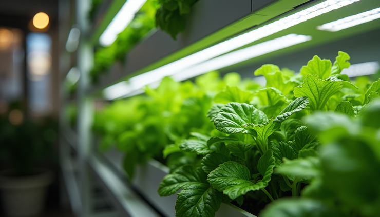 Eye-level view of a vertical hydroponic garden with leafy greens growing indoors