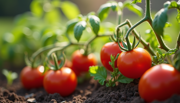 Eye-level view of lush green tomato plants growing in a Florida garden bed