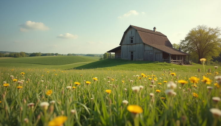 Eye-level view of a rustic farmhouse surrounded by green fields and blooming flowers