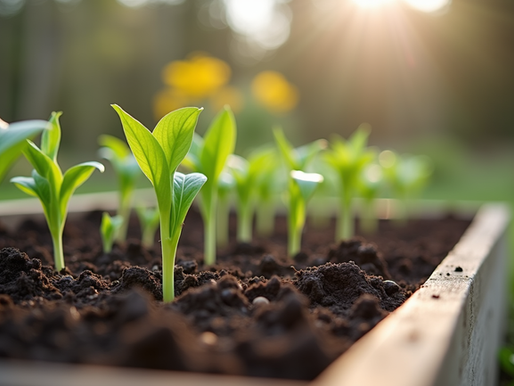 Rich garden soil with sprouts rising out of the dirt