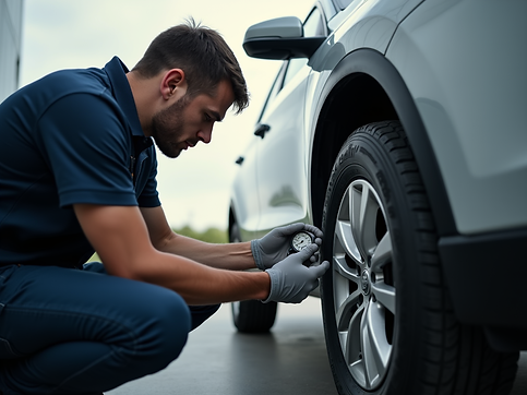 A skilled mechanic inspecting a car tire with a pressure gauge, outdoors..png