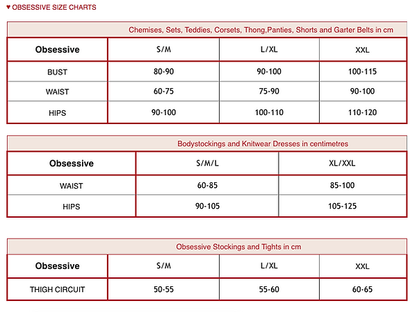 Size Chart Obsessive Lingerie