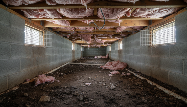 Wide-angle view of a damp crawlspace with exposed floor joists and foundation vents.