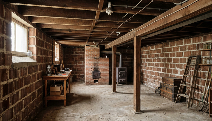 Wide-angle view of an old basement with ceramic block foundation walls