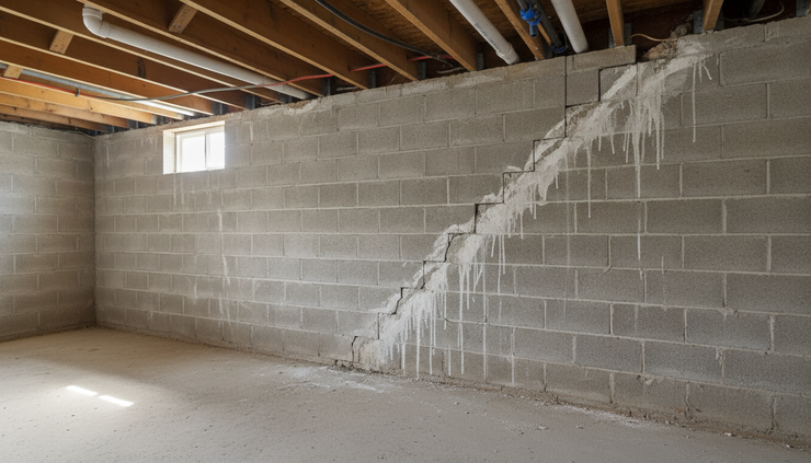 Eye-level view of an unfinished basement foundation wall with visible cracks and white mineral deposits