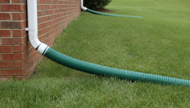 Eye-level view of a downspout extension carrying water across a sloped lawn away from a house