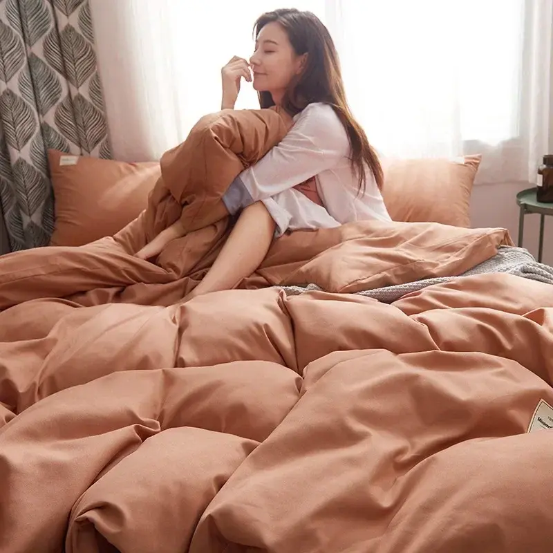 Thumbnail: Washable Cotton New Solid Polished Four Piece Set of Simple Plain Bedclothes, Qu