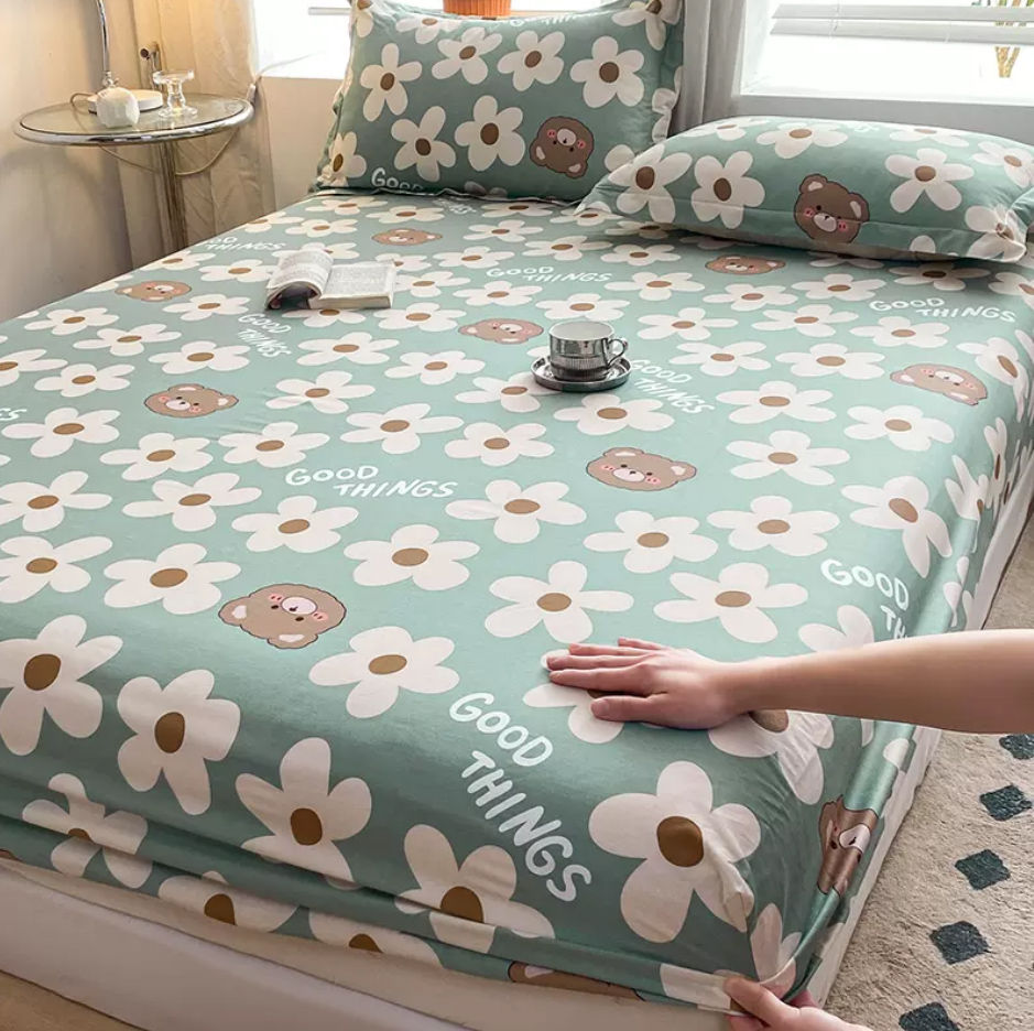 Thumbnail: 100% Cotton Bed Fitted Sheet with Elastic +2pc Pillowcases Kids Adult Twin Queen