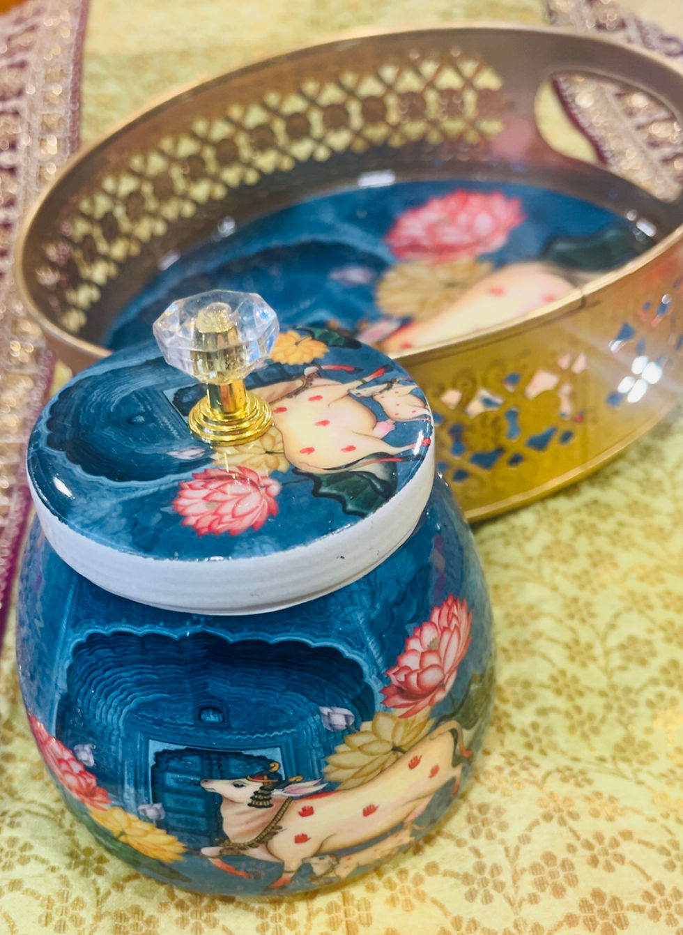 Thumbnail: Hand-painted Pichwai Jars and Tray Set | Cow Lotus Motif Decor |