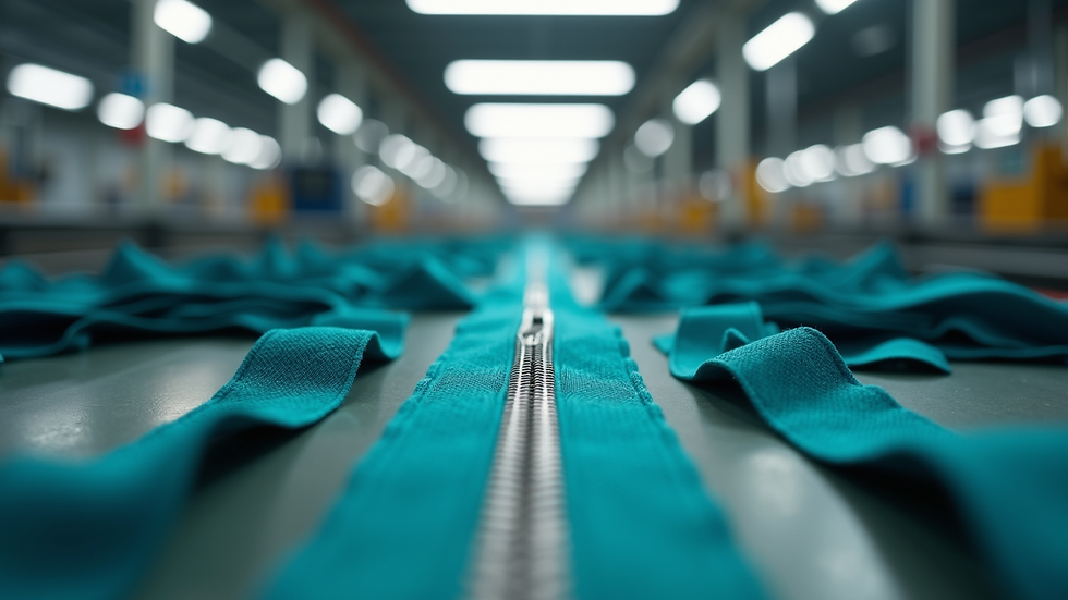 Eye-level view of a production line assembling zippers in a factory