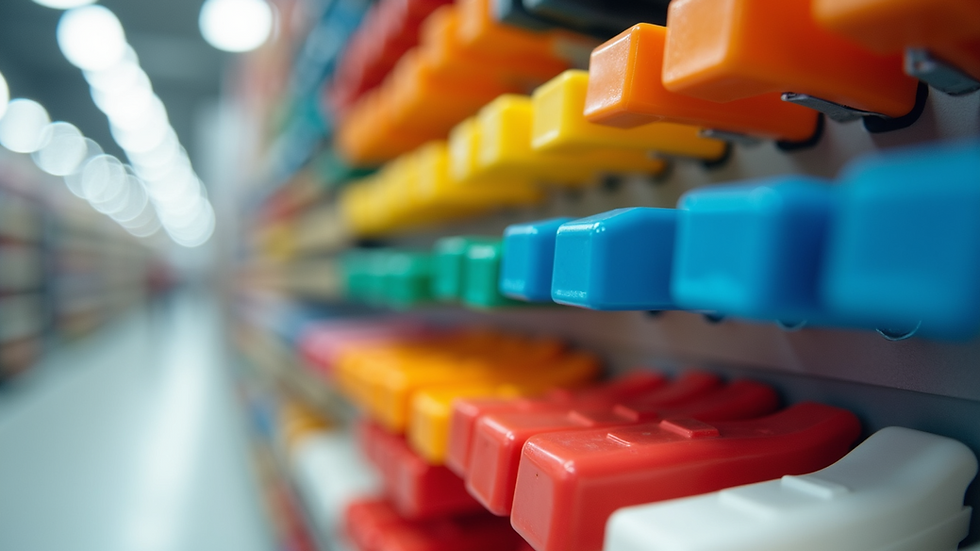 Eye-level view of plastic sliders in various colours arranged on a display board