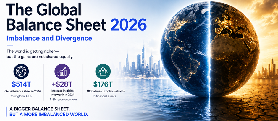 A cinematic global economy visual showing Earth divided between blue and gold, alongside the headline “The Global Balance Sheet 2026” and the message “A bigger balance sheet, but a more imbalanced world,” with key global wealth figures highlighted.