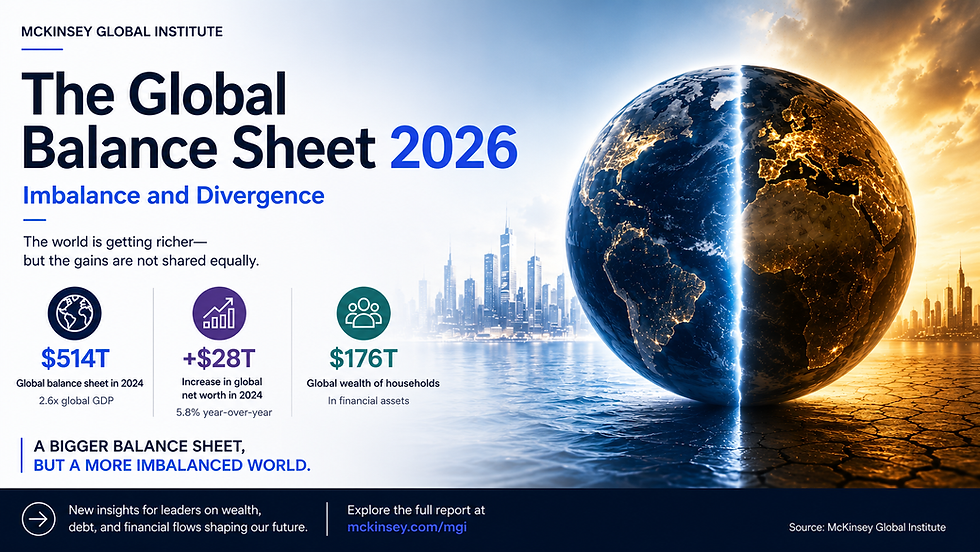 A cinematic global economy visual showing Earth divided between blue and gold, alongside the headline “The Global Balance Sheet 2026” and the message “A bigger balance sheet, but a more imbalanced world,” with key global wealth figures highlighted.