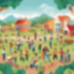 An illustration of a vibrant community collaborating with schools, cooperatives, and local