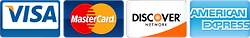 Icons displaying accepted payment methods: Visa, MasterCard, Discover, and American Express.