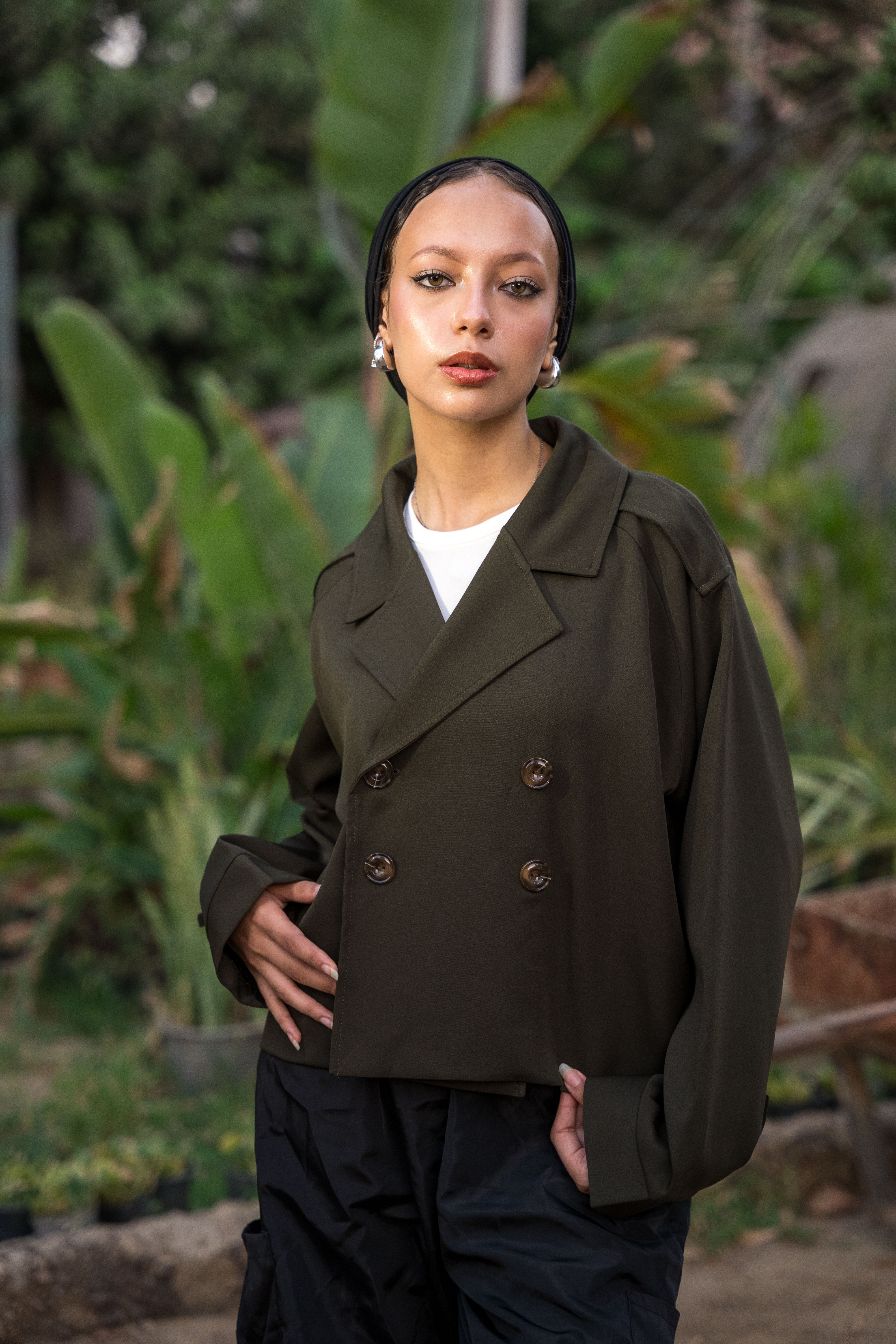 Cropped trench coat in olive green