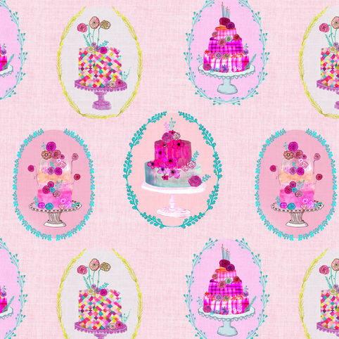 Repeating pattern of colorful hand illustrated cakes on stands framed by decorative oval wreaths on a soft pink textured background