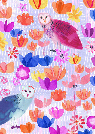 Whimsical hand painted owls surrounded by bright flowers and leaves in a playful repeating pattern.