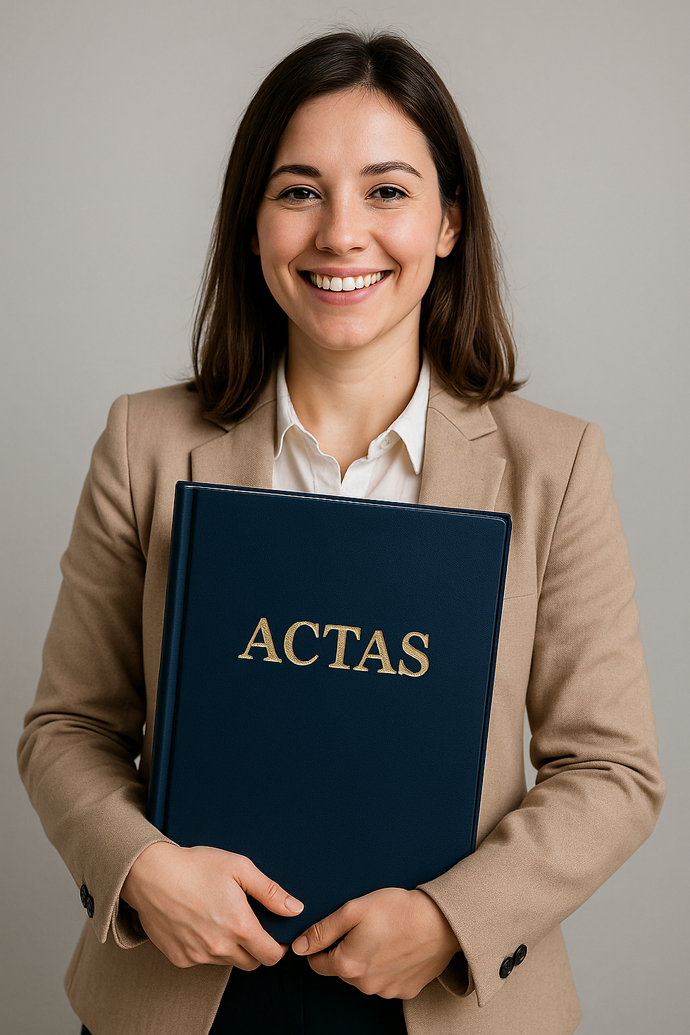 Administradora sonriente con libro de actas