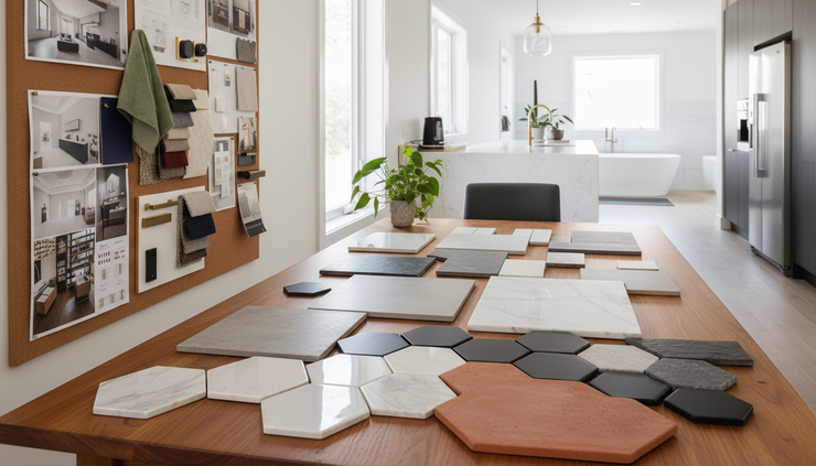Wide-angle view of a home kitchen and bathroom tile sample layout on a wooden surface.