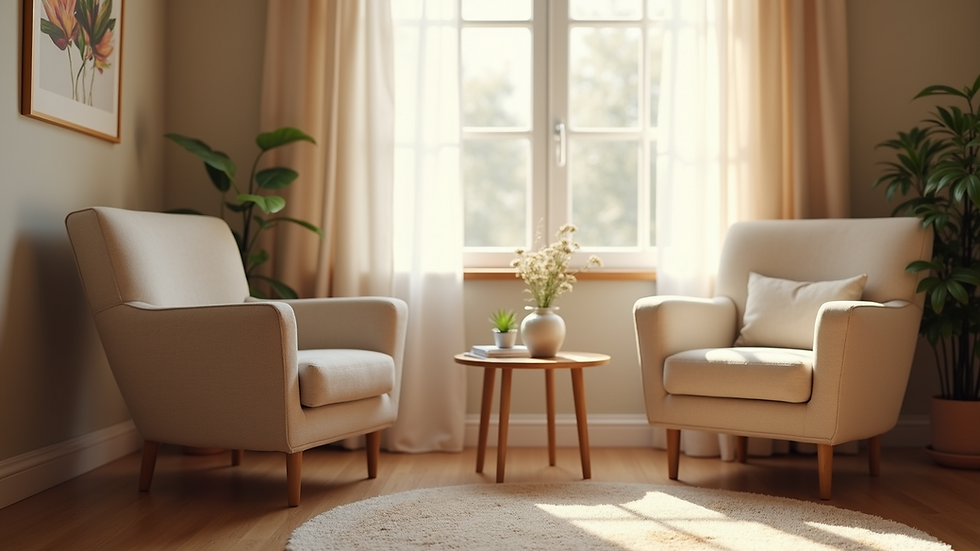 Eye-level view of cozy therapy room with soft lighting and comfortable chairs