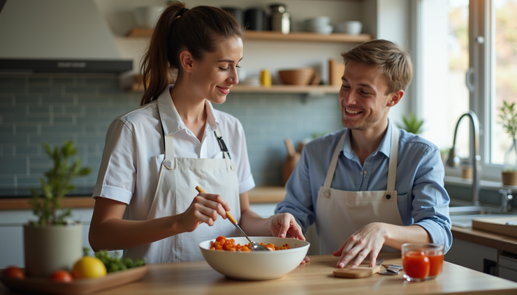 Close-up view of a support worker preparing a meal with a disabled family member in a kitchen