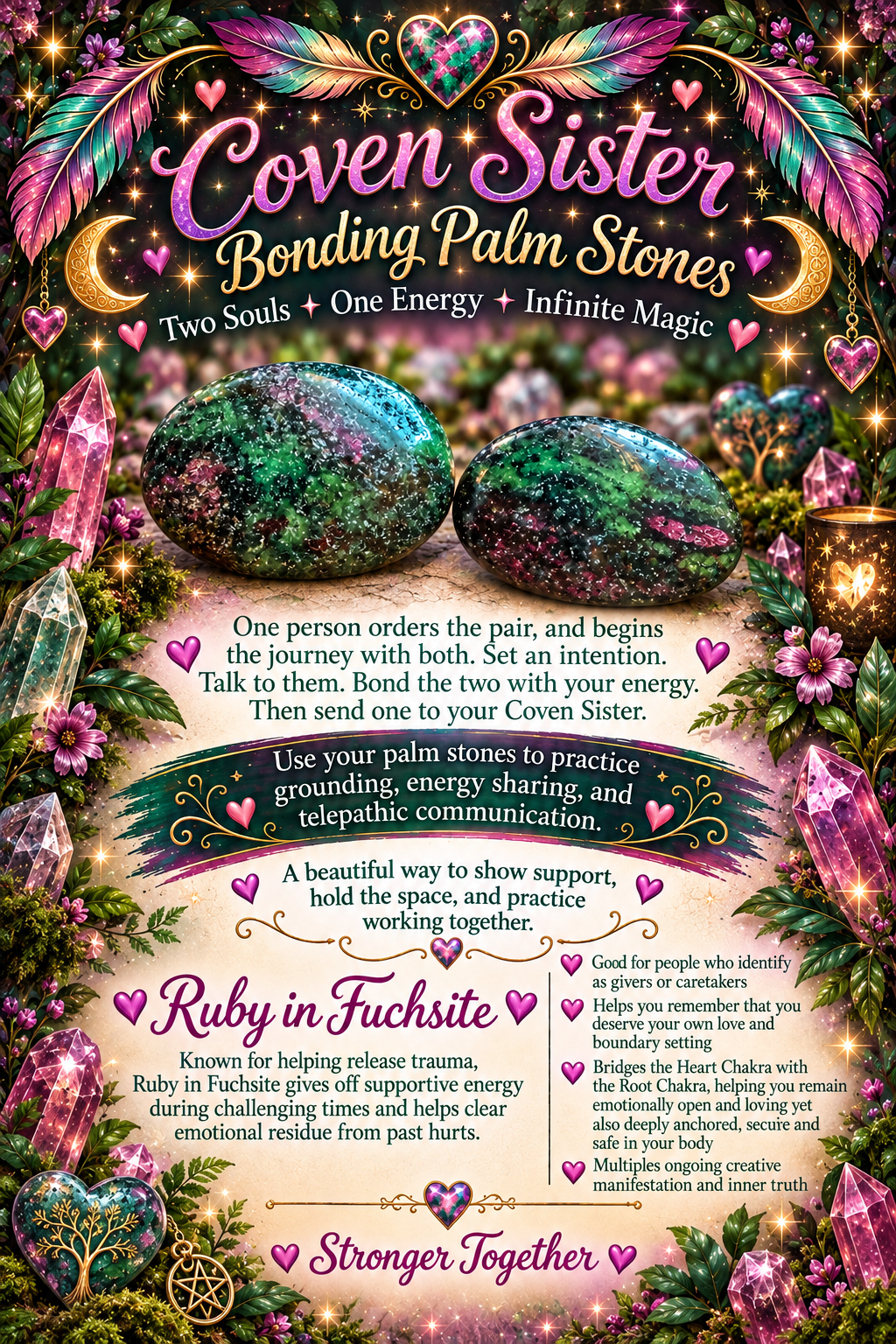 Coven Sister Bonding Palm Stones - Ruby in Fuchsite