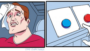 Satire; Blue or red button dilemma