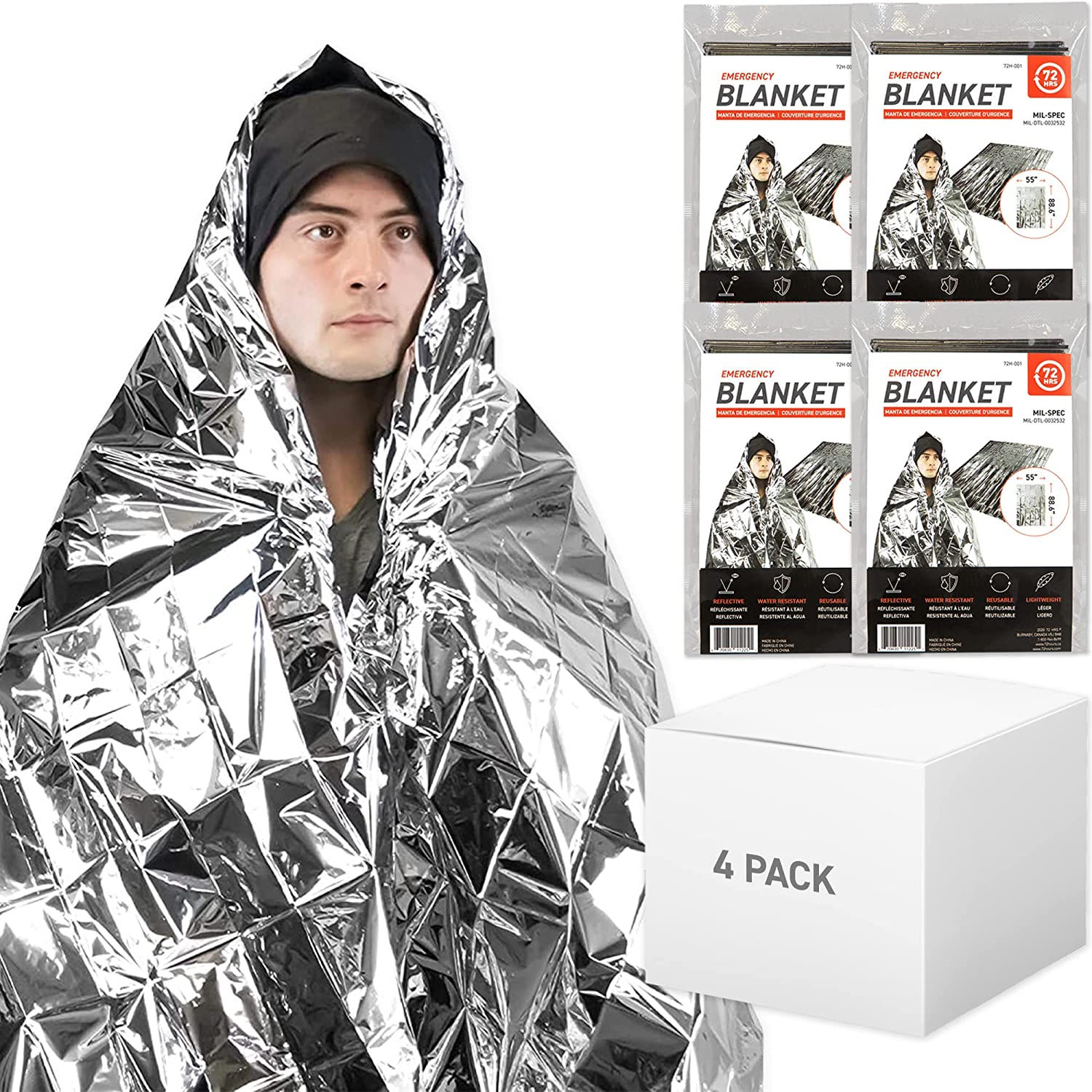 72 HRS Extra Large MIL-SPEC Emergency Mylar Thermal Blanket (Pack of 4)