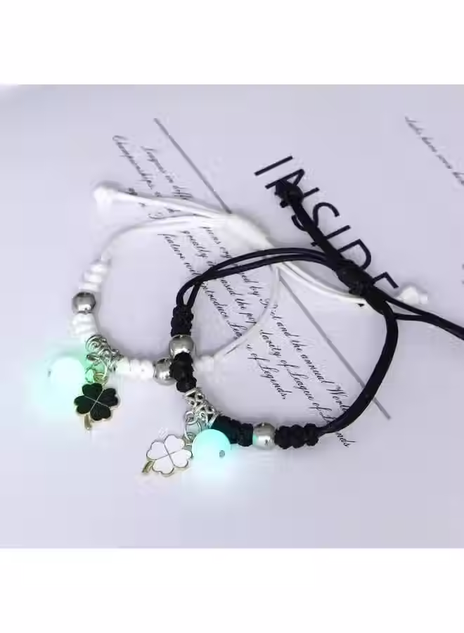 Thumbnail: Glow in the Dark Matching Bracelets Set – Black and White Lucky Clover Luminous