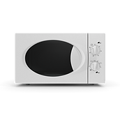 White microwave oven with dials isolated on black background for cooking.