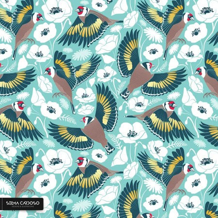Goldfinches flying over white poppies // aqua background // bird and poppies fabric wallpaper and ho