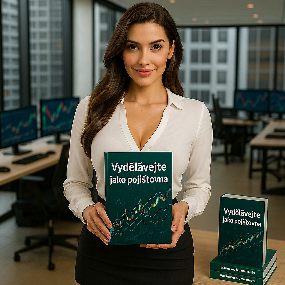 Žena v kanceláři drží knihu "Vydělávejte jako pojišťovna". V pozadí jsou monitory s grafy. Profesionální a sebevědomá atmosféra.