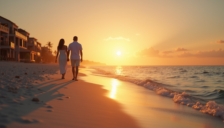 Eye-level view of a serene beach resort with a couple enjoying a sunset walk