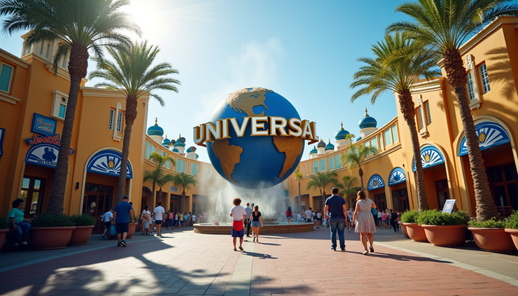 Eye-level view of the iconic Universal Studios globe at the entrance of the park