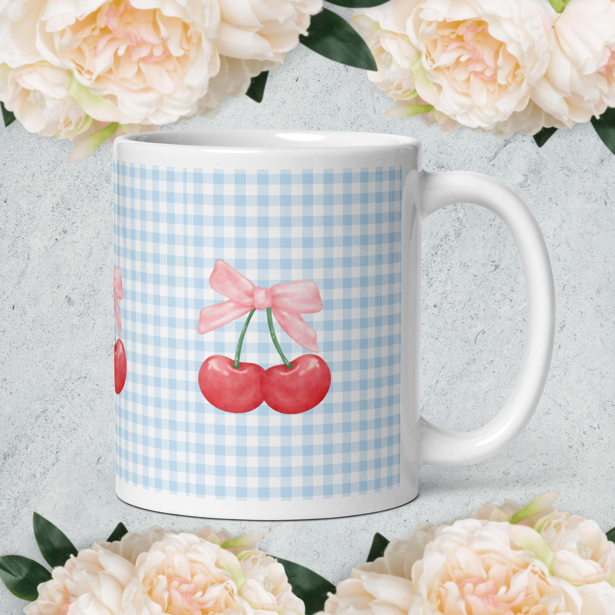 'Life is a bucket of cherries" - Blue Gingham/White glossy mug