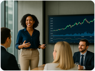 Benefits of Presentation Skills Training. Woman with curly, dark hair in a meeting room with a graph-filled screen in the background, training a woman with light hair and two men with dark hair.