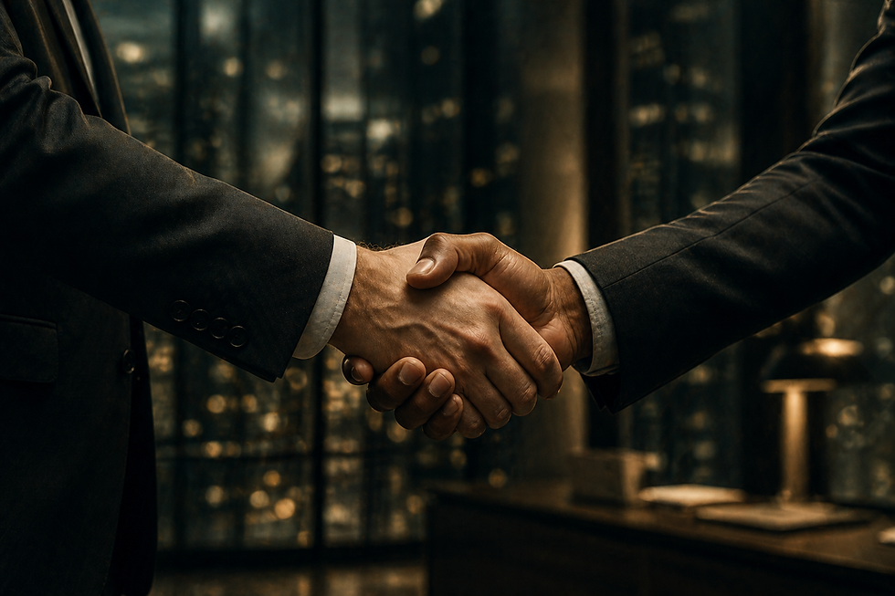 Handshake with city lights